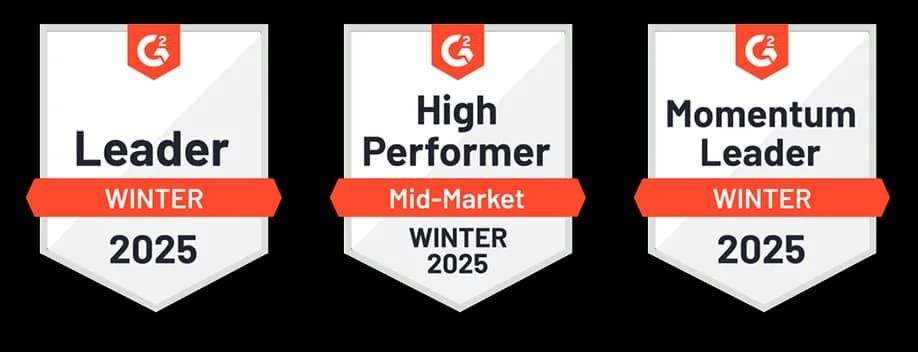 Awards and trust badges from G2 and Google highlighting top rankings, user ratings, and recognition for product setup, leadership, and high performance.