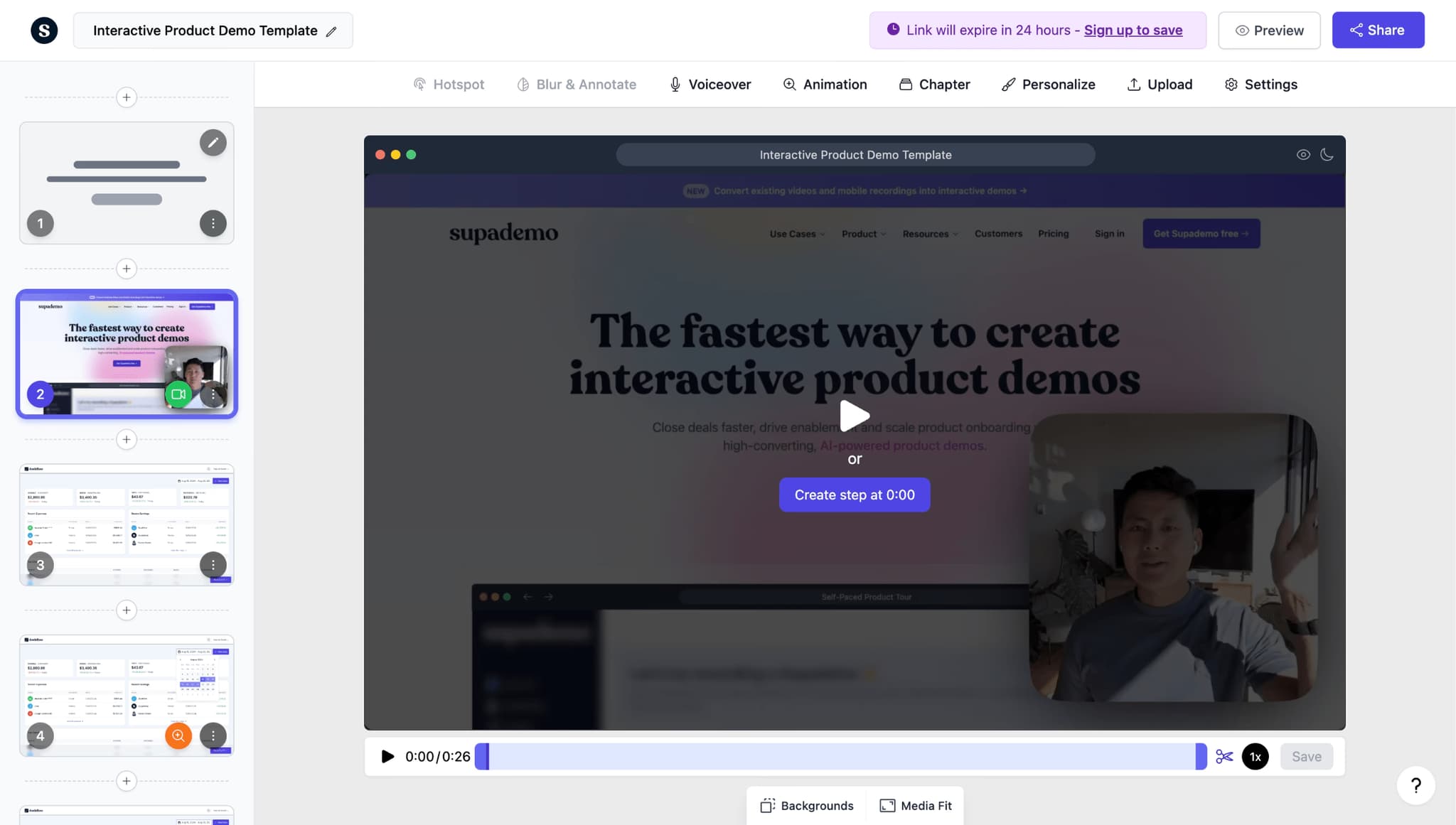 Supademo product demo video maker showing an interactive SaaS demo with branching and AI voiceovers